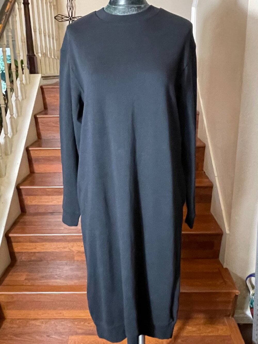 ZARA Women's Black Bodycon Midi Dress Sz Medium Long Sleeve Crew Neck Cotton NWT